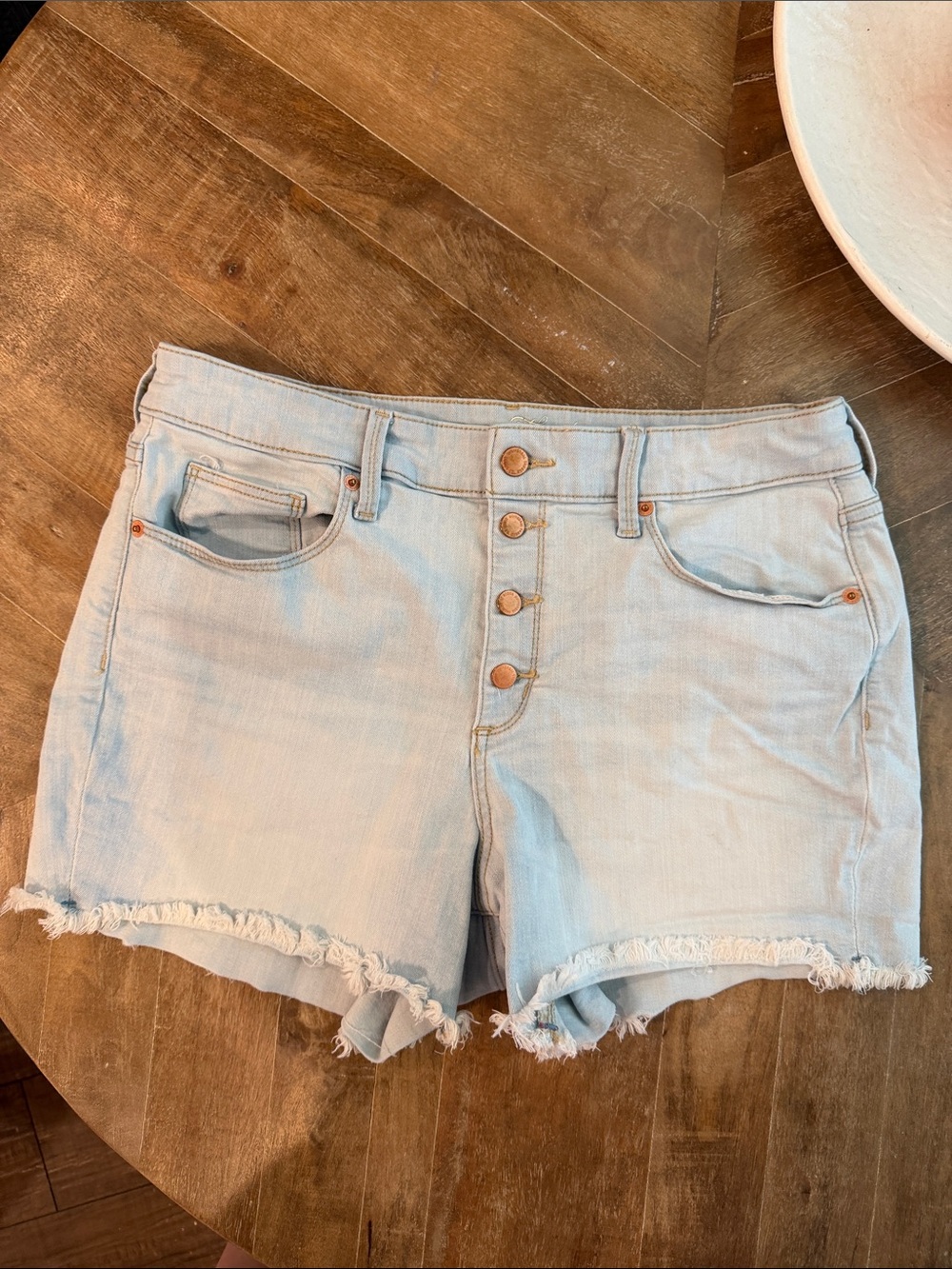 Universal Thread Light Wash High Rise Midi Button Up Denim Shorts (Size: 12/31)